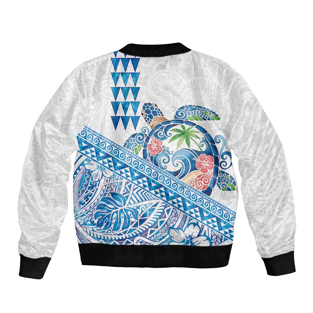 Hawaiian Abstract Sea Turtle Bomber Jacket Polynesian Tapa Art and Kakau Tattoo White WaterColor - Polynesian Pride