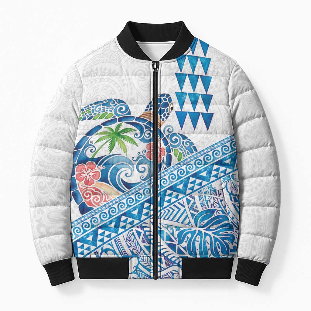 Hawaiian Abstract Sea Turtle Bomber Puffer Jacket Polynesian Tapa Art and Kakau Tattoo White WaterColor - Polynesian Pride