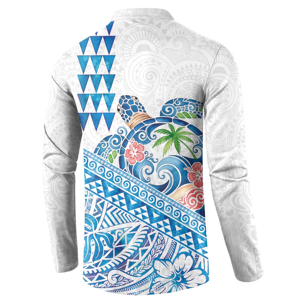 Hawaiian Abstract Sea Turtle Button Sweatshirt Polynesian Tapa Art and Kakau Tattoo White WaterColor - Polynesian Pride