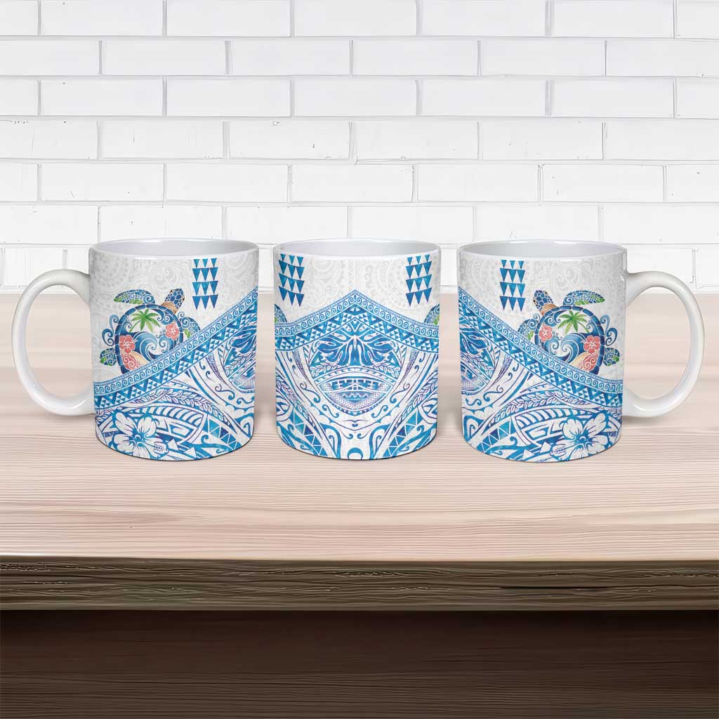 Hawaiian Abstract Sea Turtle Ceramic Mug Polynesian Tapa Art and Kakau Tattoo White WaterColor - Polynesian Pride