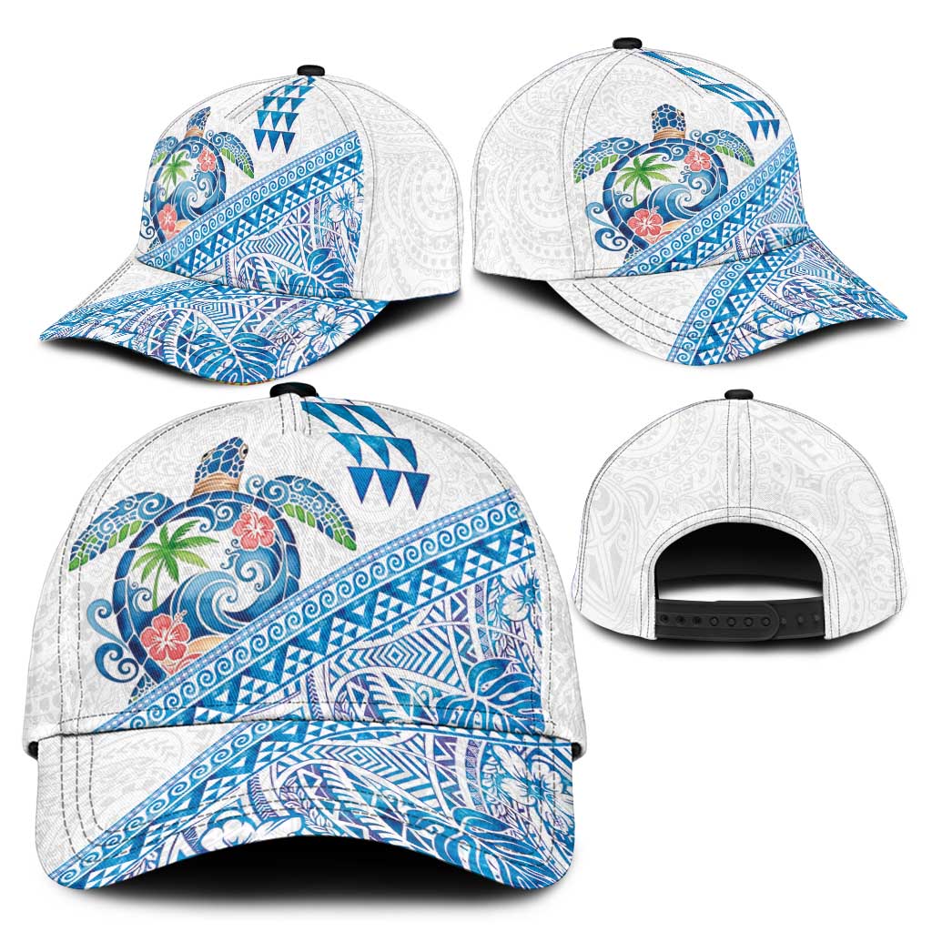 Hawaiian Abstract Sea Turtle Classic Cap Polynesian Tapa Art and Kakau Tattoo White WaterColor - Polynesian Pride