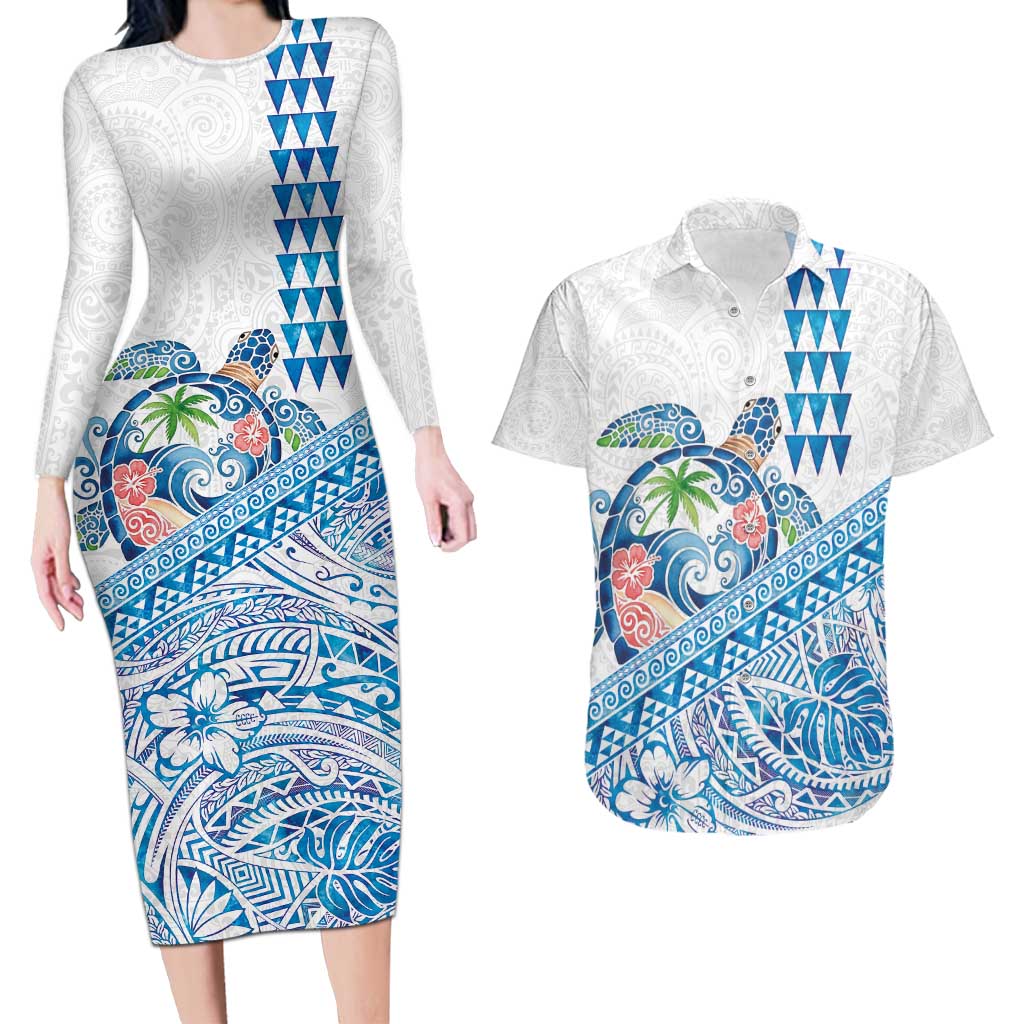 Hawaiian Abstract Sea Turtle Couples Matching Long Sleeve Bodycon Dress and Hawaiian Shirt Polynesian Tapa Art and Kakau Tattoo White WaterColor - Polynesian Pride