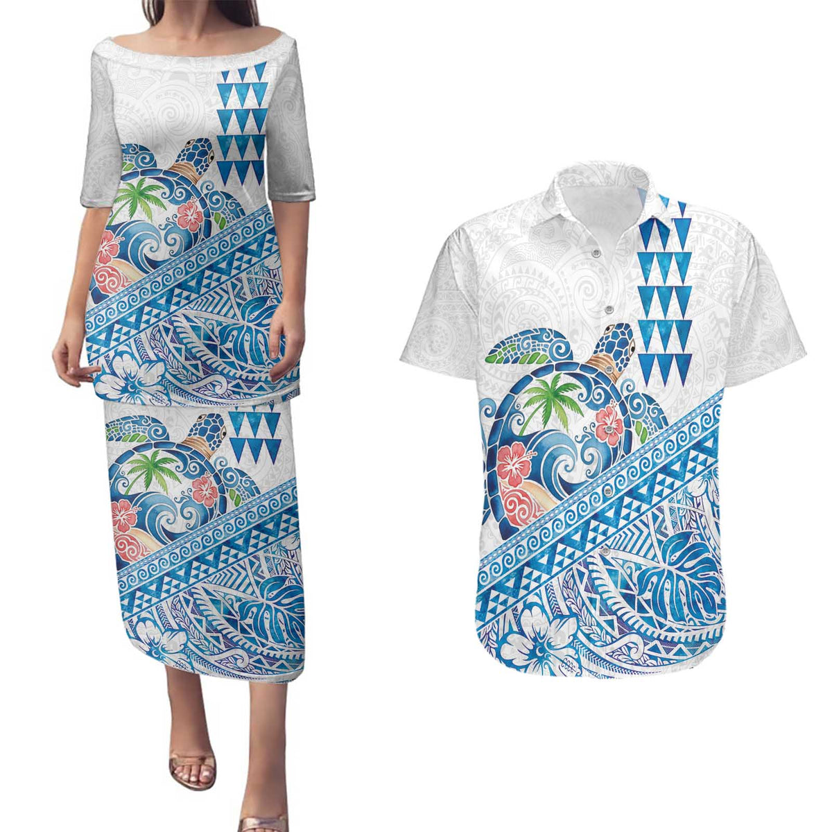 Hawaiian Abstract Sea Turtle Couples Matching Puletasi and Hawaiian Shirt Polynesian Tapa Art and Kakau Tattoo White WaterColor - Polynesian Pride