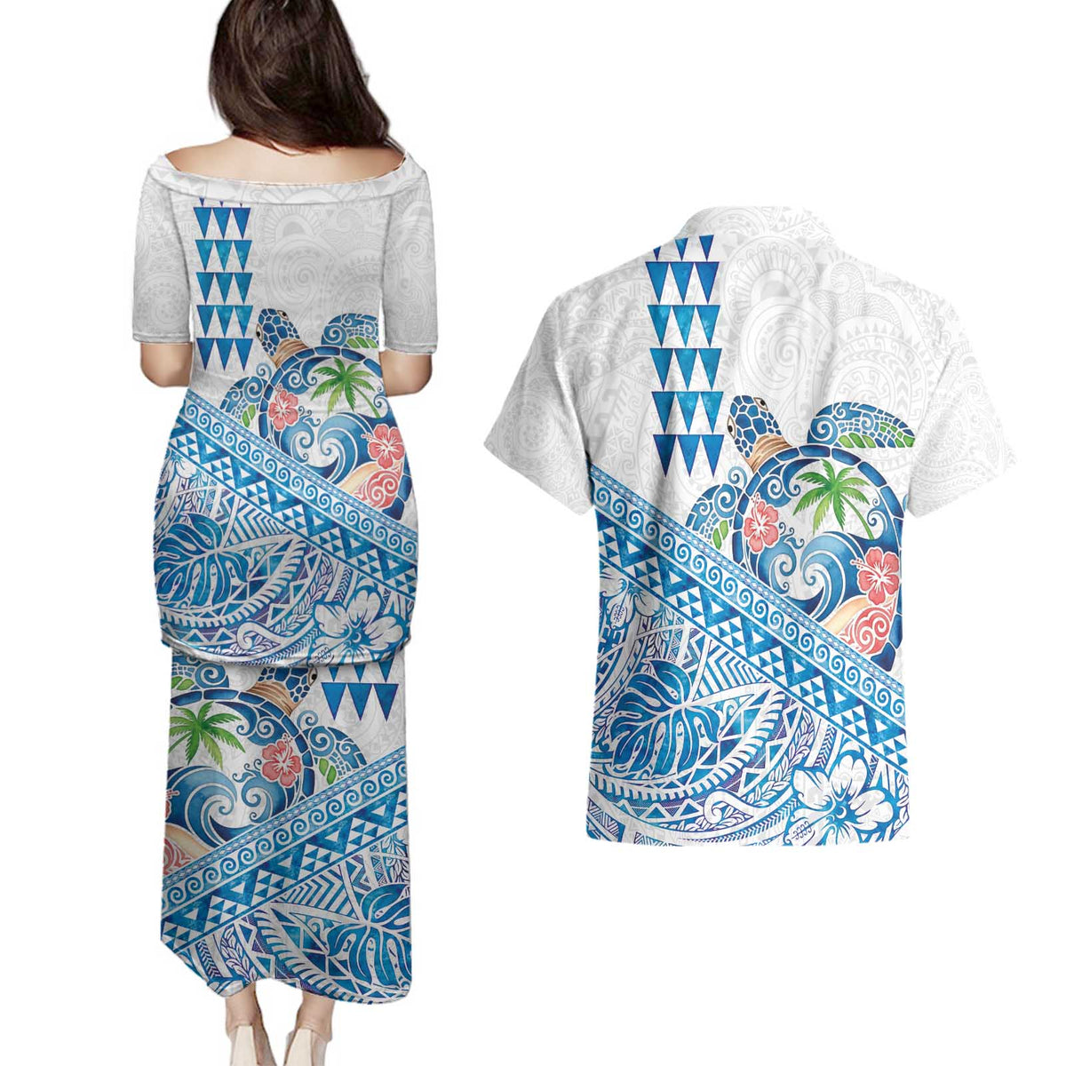 Hawaiian Abstract Sea Turtle Couples Matching Puletasi and Hawaiian Shirt Polynesian Tapa Art and Kakau Tattoo White WaterColor - Polynesian Pride