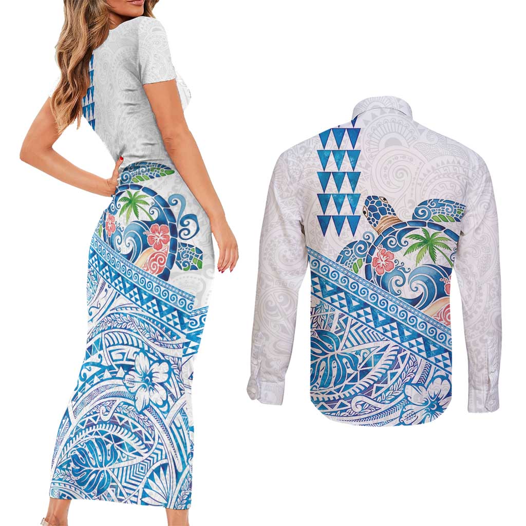 Hawaiian Abstract Sea Turtle Couples Matching Short Sleeve Bodycon Dress and Long Sleeve Button Shirt Polynesian Tapa Art and Kakau Tattoo White WaterColor - Polynesian Pride