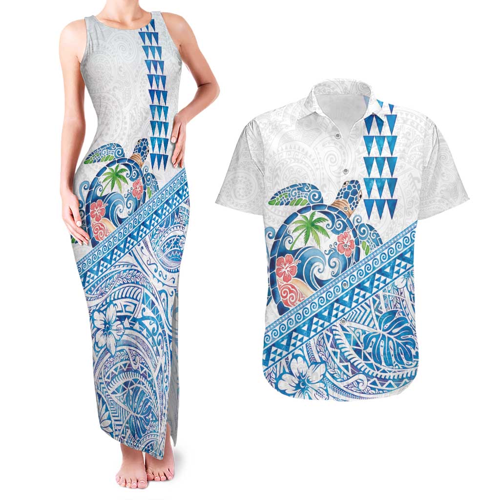 Hawaiian Abstract Sea Turtle Couples Matching Tank Maxi Dress and Hawaiian Shirt Polynesian Tapa Art and Kakau Tattoo White WaterColor - Polynesian Pride