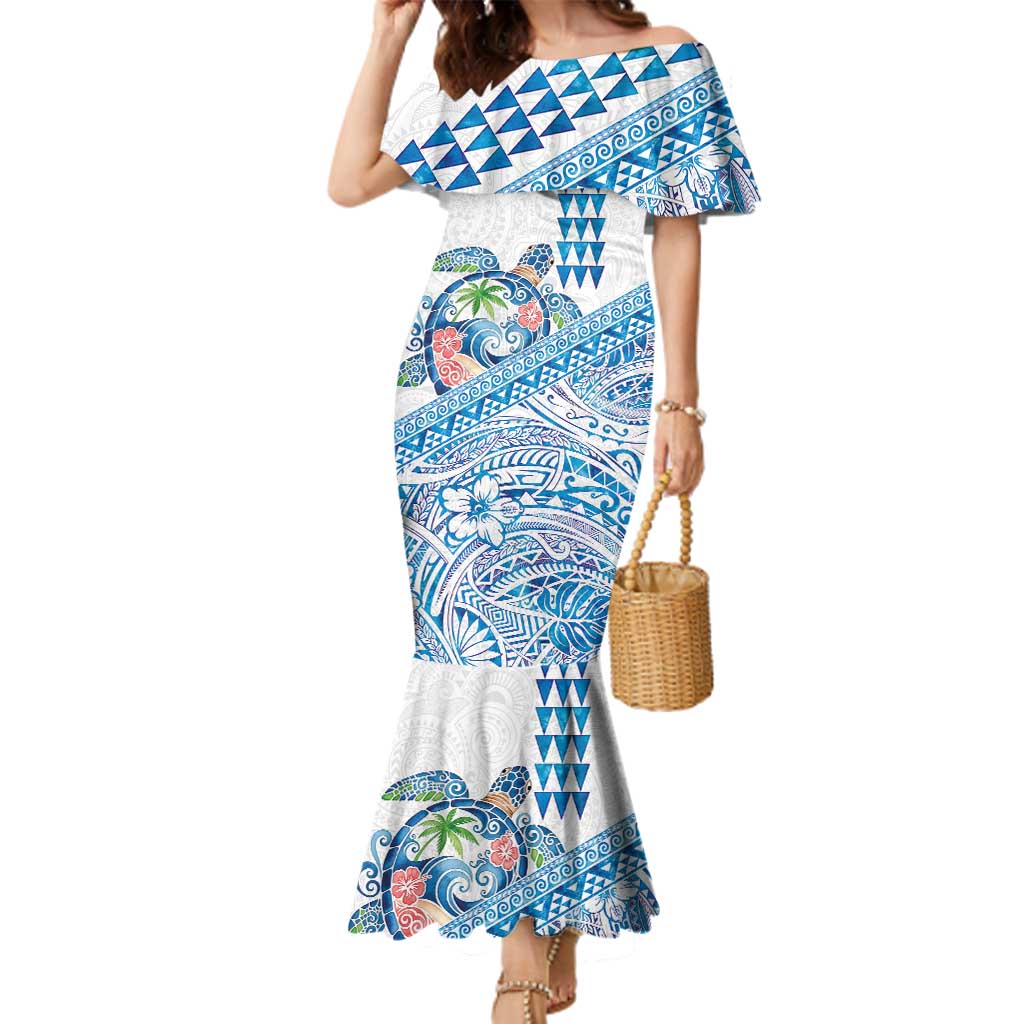 Hawaiian Abstract Sea Turtle Family Matching Mermaid Dress and Hawaiian Shirt Polynesian Tapa Art and Kakau Tattoo White WaterColor - Polynesian Pride