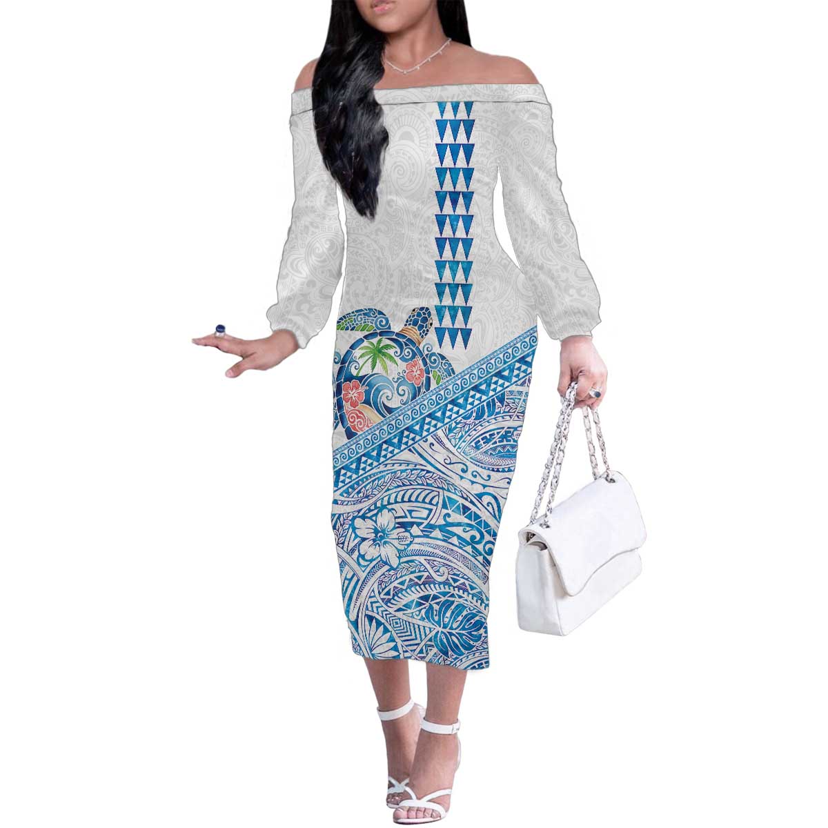 Hawaiian Abstract Sea Turtle Family Matching Off The Shoulder Long Sleeve Dress and Hawaiian Shirt Polynesian Tapa Art and Kakau Tattoo White WaterColor - Polynesian Pride