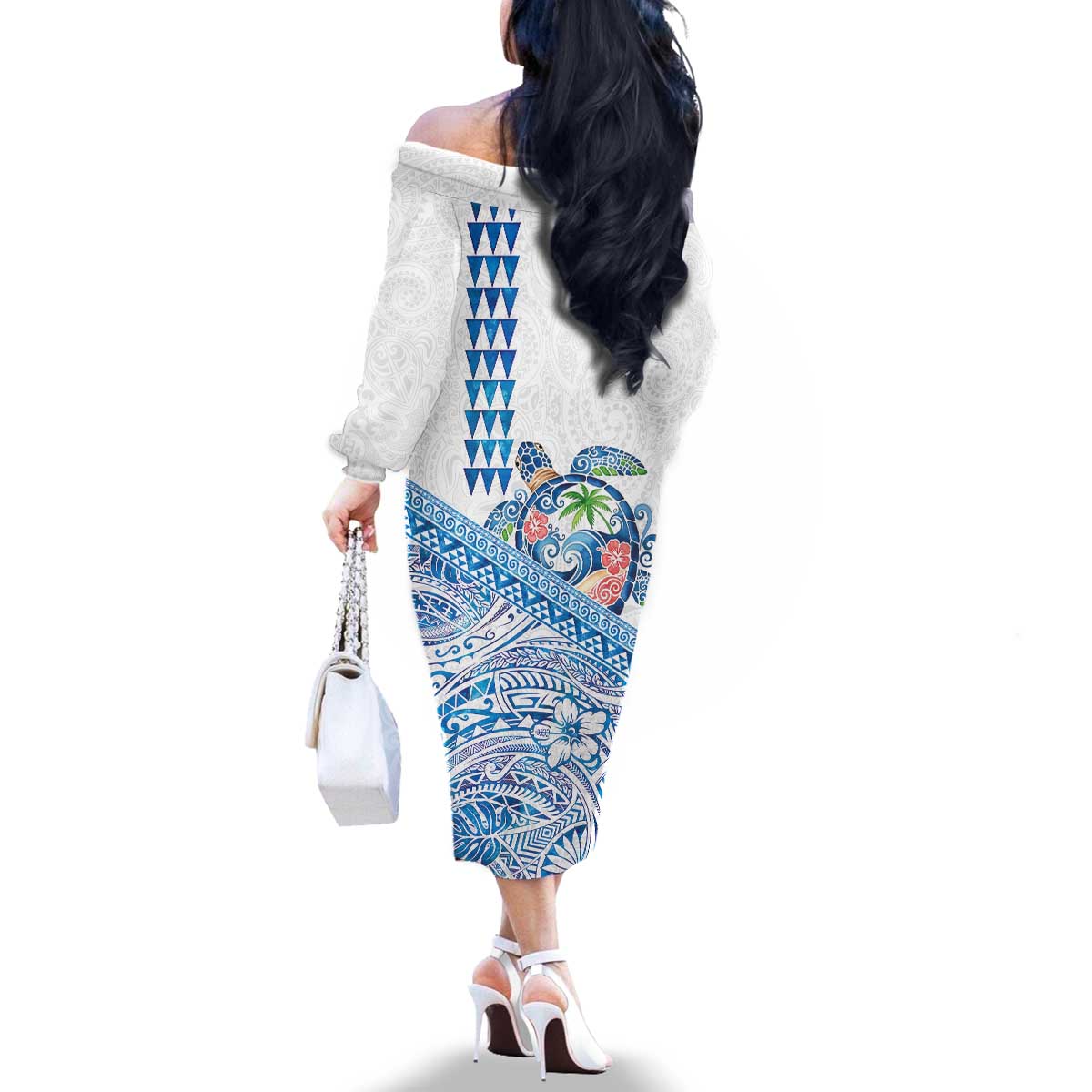 Hawaiian Abstract Sea Turtle Family Matching Off The Shoulder Long Sleeve Dress and Hawaiian Shirt Polynesian Tapa Art and Kakau Tattoo White WaterColor - Polynesian Pride