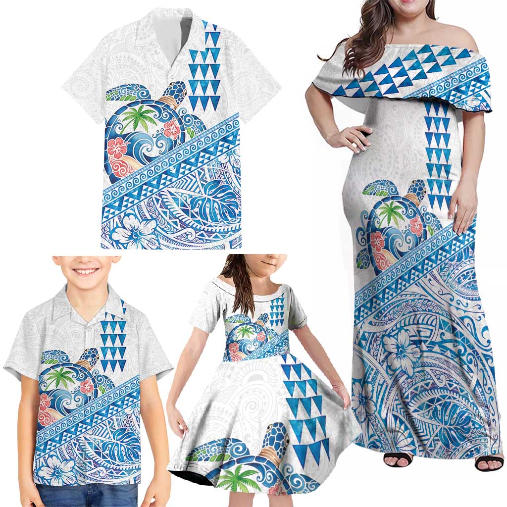 Hawaiian Abstract Sea Turtle Family Matching Off Shoulder Maxi Dress and Hawaiian Shirt Polynesian Tapa Art and Kakau Tattoo White WaterColor - Polynesian Pride