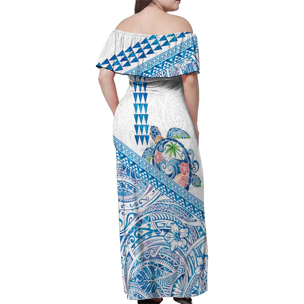 Hawaiian Abstract Sea Turtle Family Matching Off Shoulder Maxi Dress and Hawaiian Shirt Polynesian Tapa Art and Kakau Tattoo White WaterColor - Polynesian Pride
