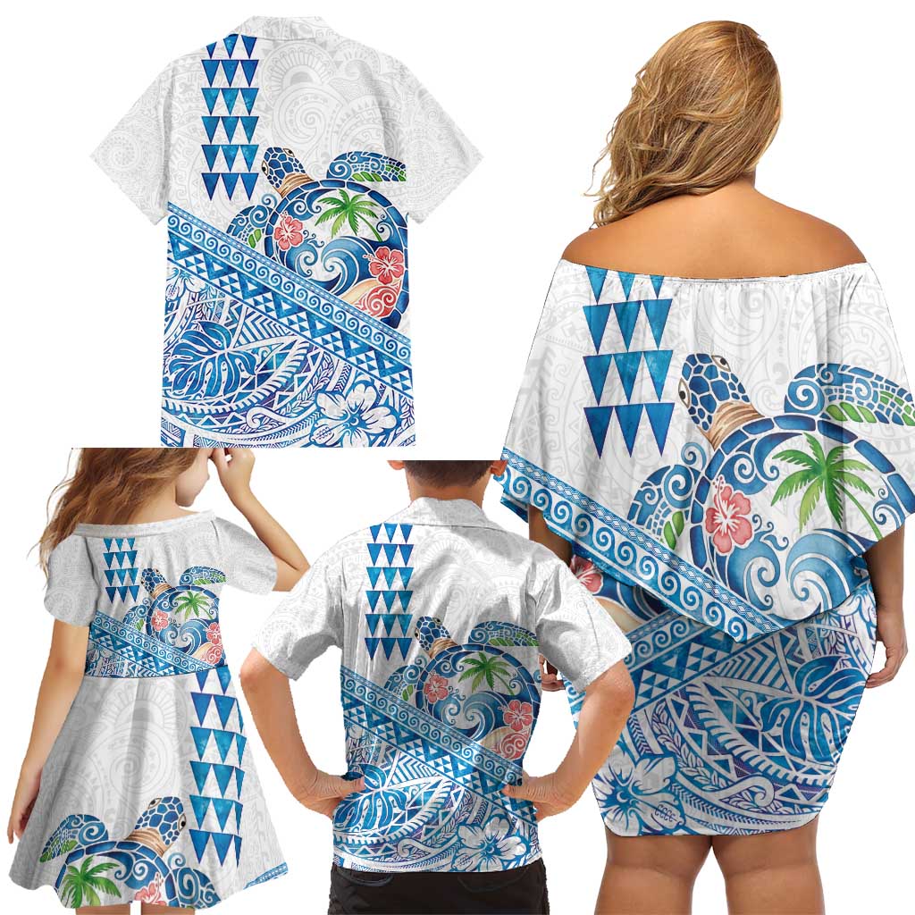 Hawaiian Abstract Sea Turtle Family Matching Off Shoulder Short Dress and Hawaiian Shirt Polynesian Tapa Art and Kakau Tattoo White WaterColor - Polynesian Pride