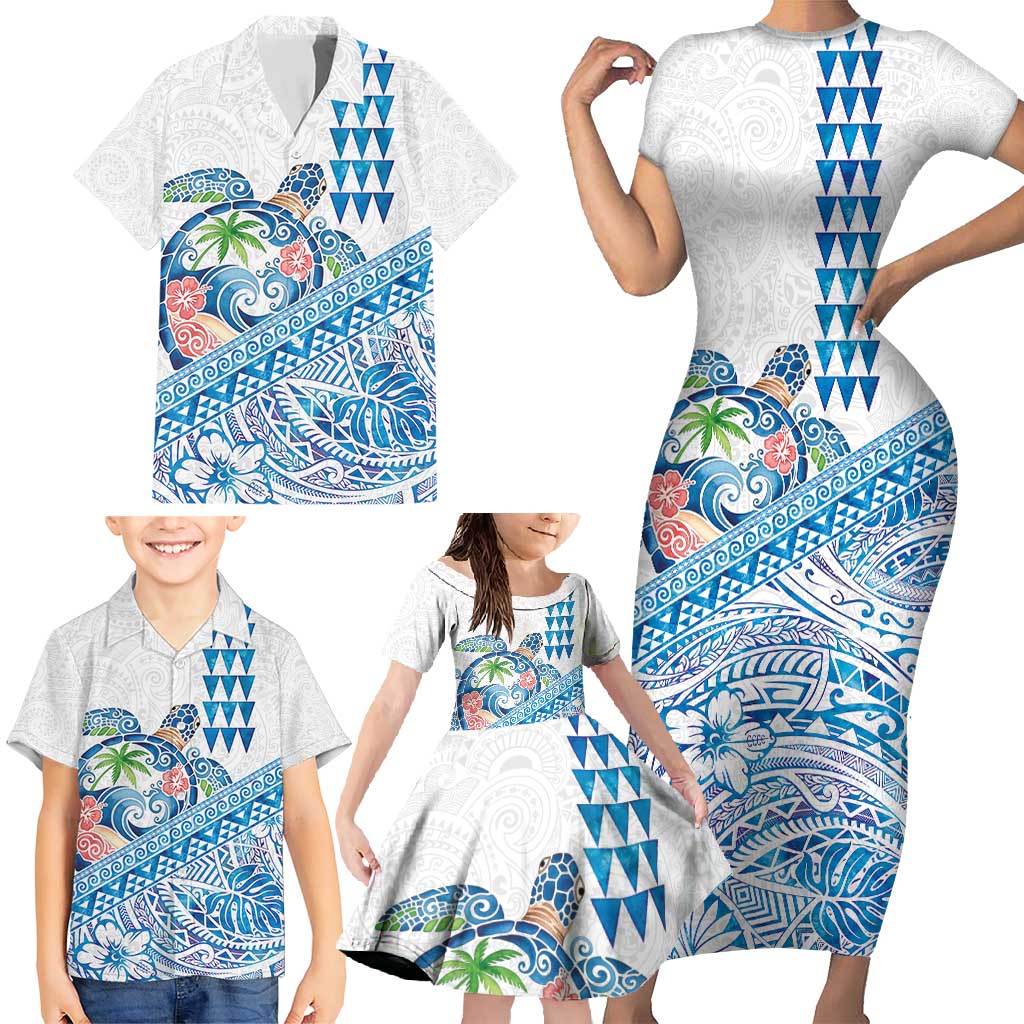 Hawaiian Abstract Sea Turtle Family Matching Short Sleeve Bodycon Dress and Hawaiian Shirt Polynesian Tapa Art and Kakau Tattoo White WaterColor - Polynesian Pride