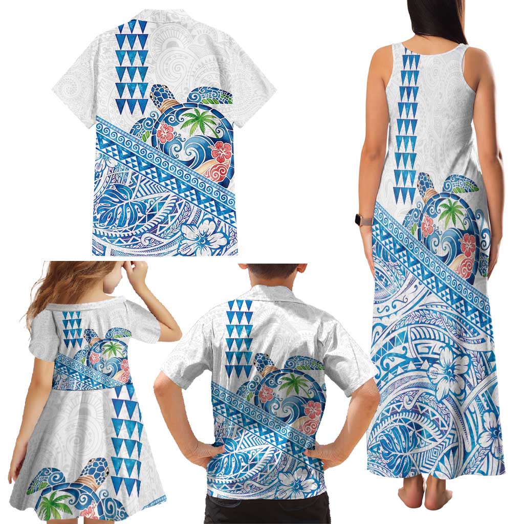 Hawaiian Abstract Sea Turtle Family Matching Tank Maxi Dress and Hawaiian Shirt Polynesian Tapa Art and Kakau Tattoo White WaterColor - Polynesian Pride