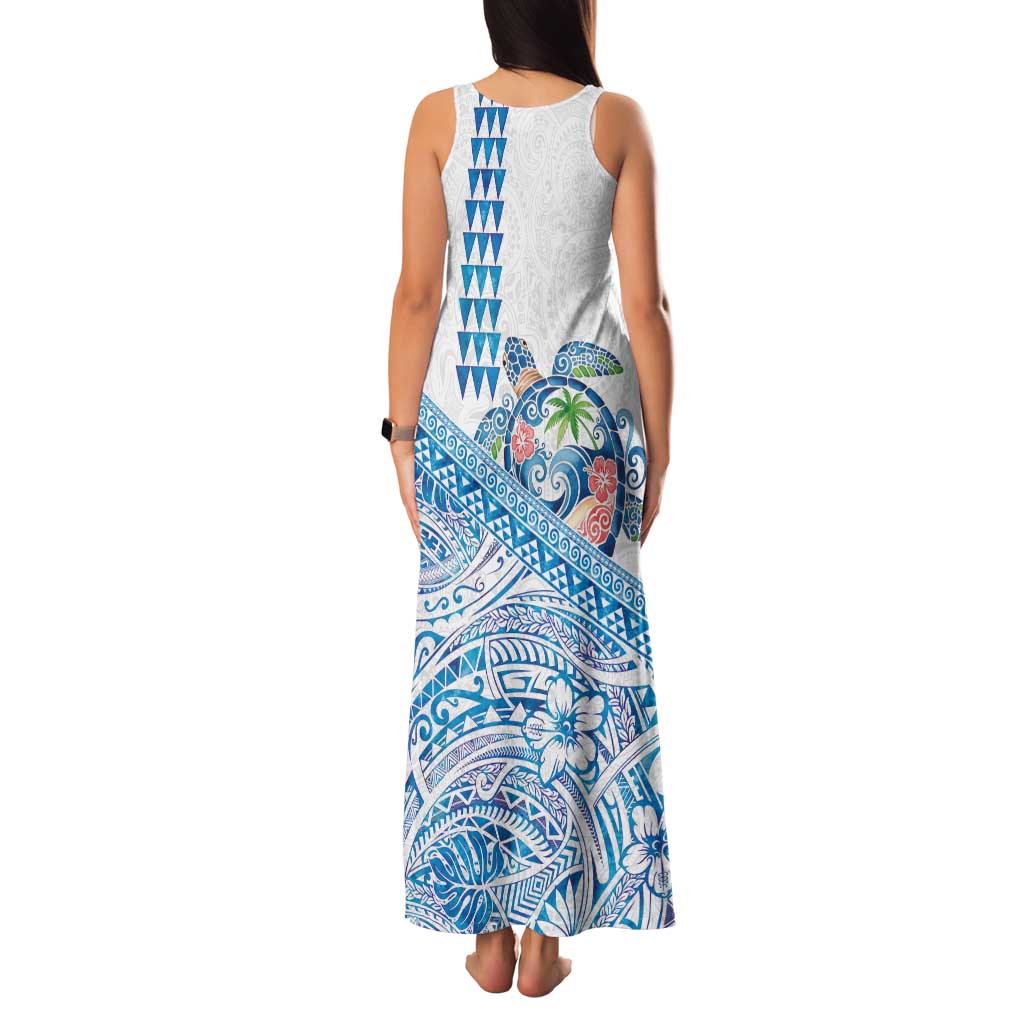 Hawaiian Abstract Sea Turtle Family Matching Tank Maxi Dress and Hawaiian Shirt Polynesian Tapa Art and Kakau Tattoo White WaterColor - Polynesian Pride
