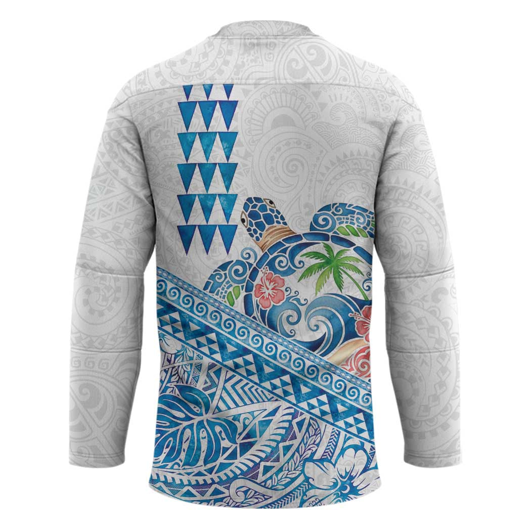 Hawaiian Abstract Sea Turtle Hockey Jersey Polynesian Tapa Art and Kakau Tattoo White WaterColor - Polynesian Pride