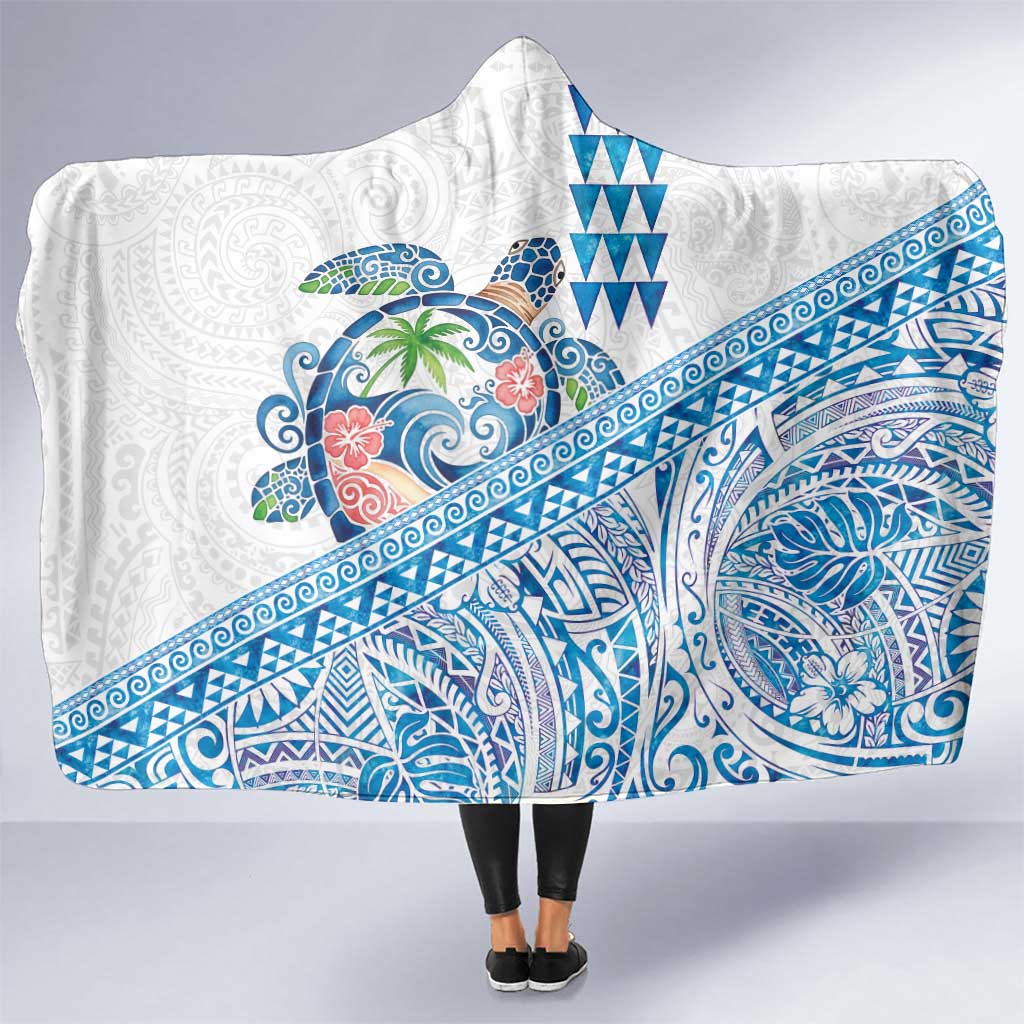 Hawaiian Abstract Sea Turtle Hooded Blanket Polynesian Tapa Art and Kakau Tattoo White WaterColor - Polynesian Pride