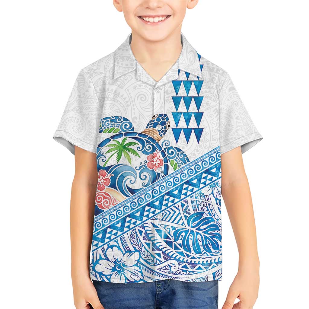 Hawaiian Abstract Sea Turtle Kid Hawaiian Shirt Polynesian Tapa Art and Kakau Tattoo White WaterColor - Polynesian Pride