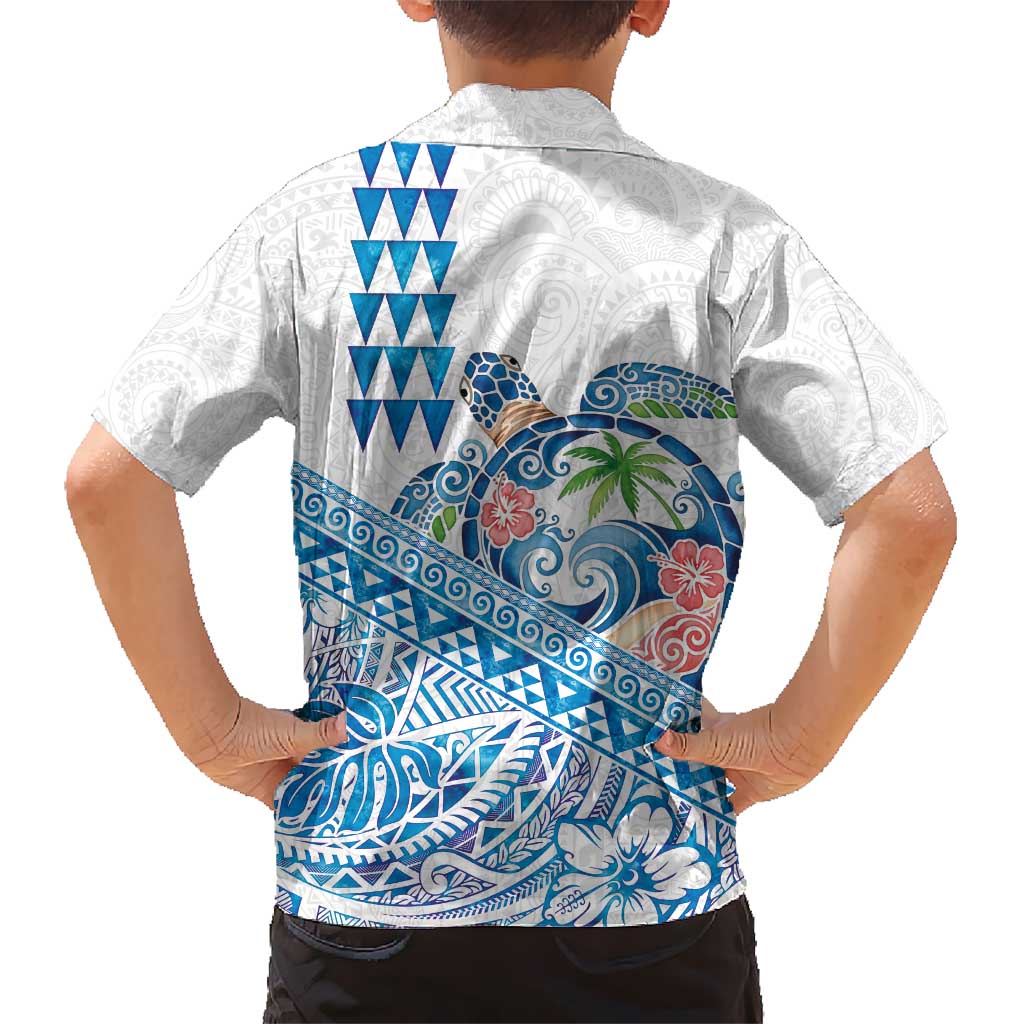 Hawaiian Abstract Sea Turtle Kid Hawaiian Shirt Polynesian Tapa Art and Kakau Tattoo White WaterColor - Polynesian Pride