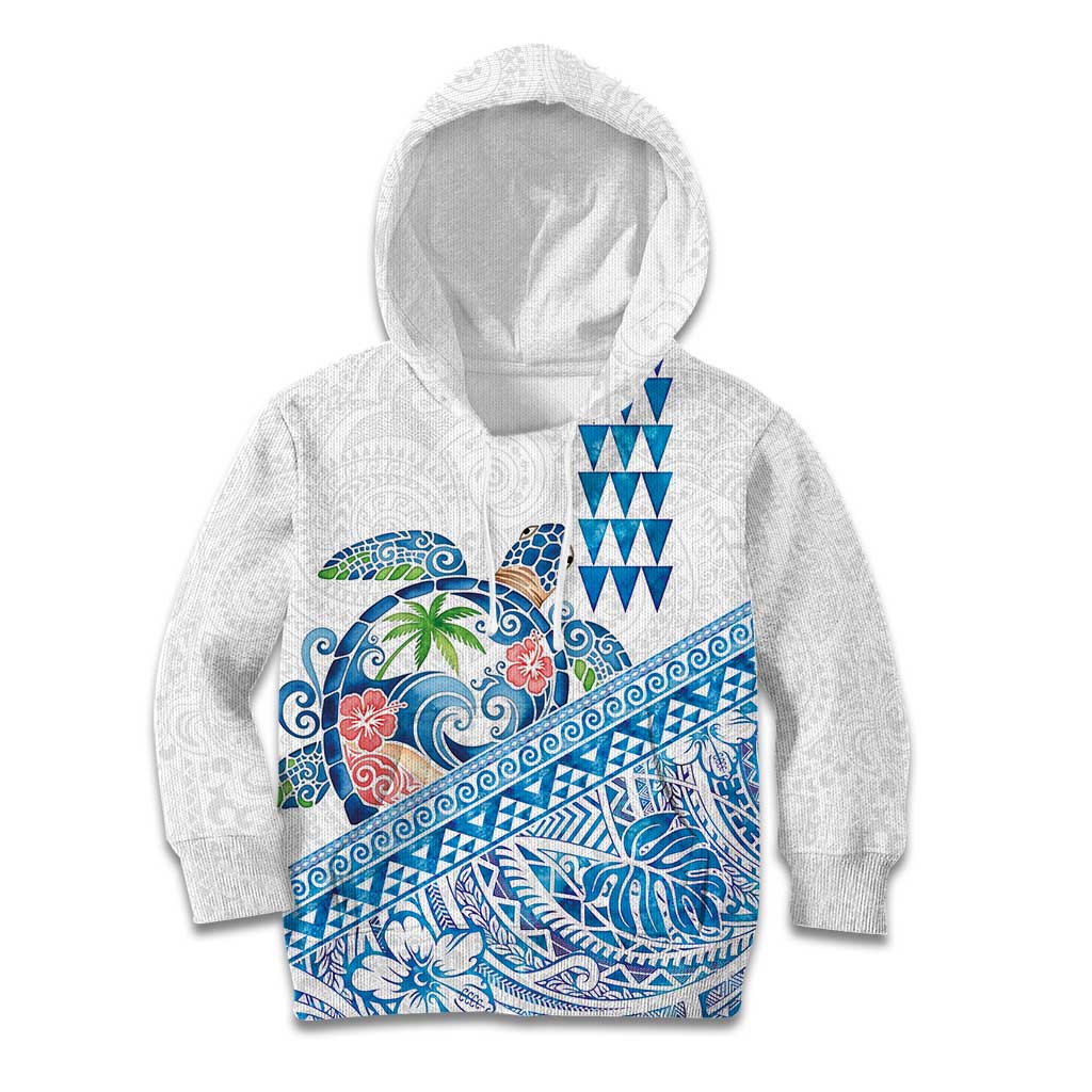 Hawaiian Abstract Sea Turtle Kid Hoodie Polynesian Tapa Art and Kakau Tattoo White WaterColor - Polynesian Pride