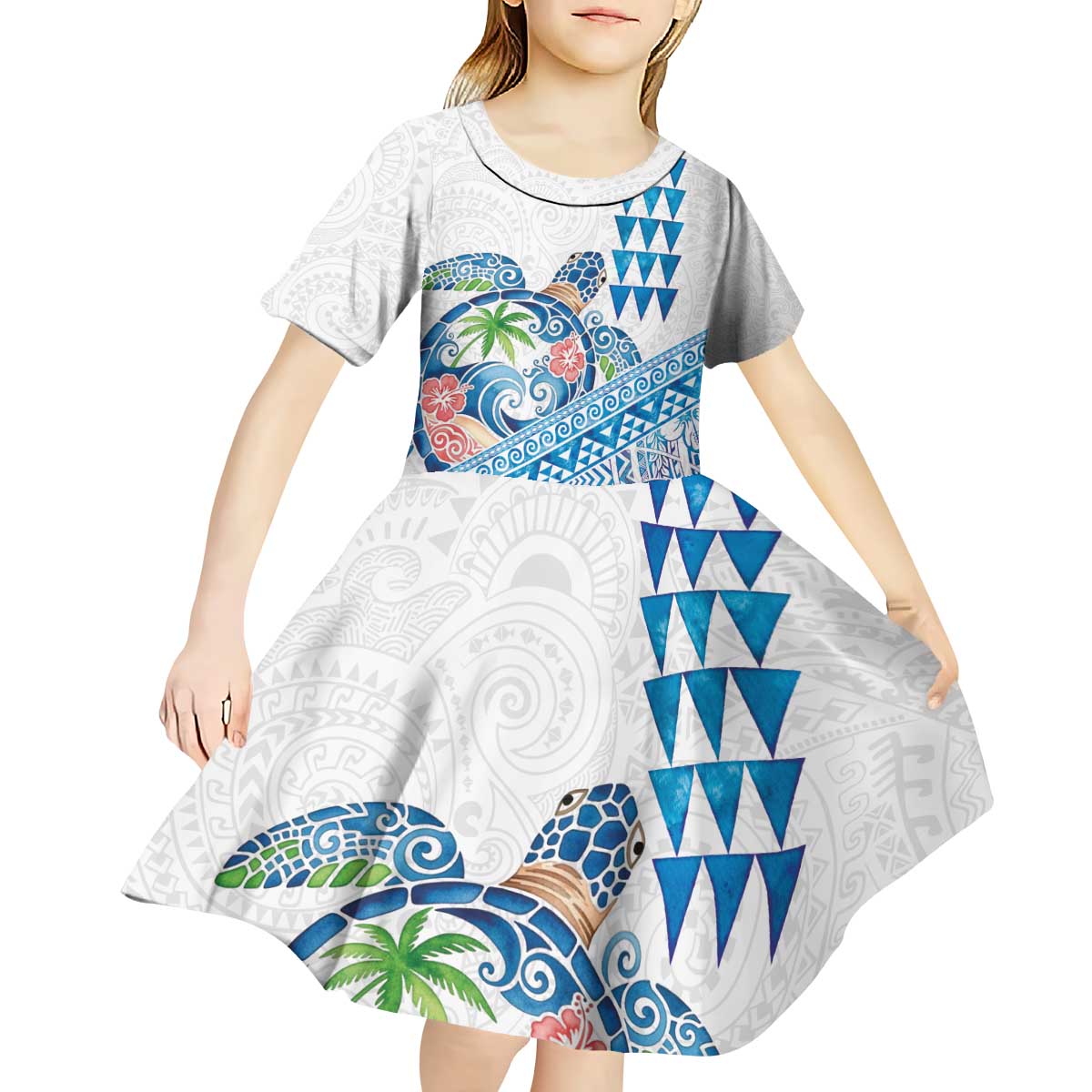 Hawaiian Abstract Sea Turtle Kid Short Sleeve Dress Polynesian Tapa Art and Kakau Tattoo White WaterColor - Polynesian Pride