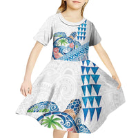 Hawaiian Abstract Sea Turtle Kid Short Sleeve Dress Polynesian Tapa Art and Kakau Tattoo White WaterColor - Polynesian Pride