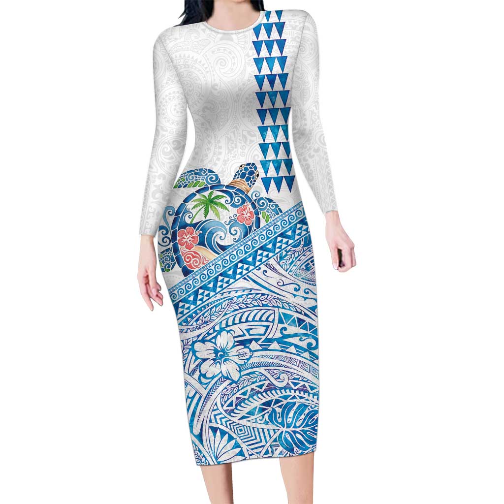 Hawaiian Abstract Sea Turtle Long Sleeve Bodycon Dress Polynesian Tapa Art and Kakau Tattoo White WaterColor - Polynesian Pride