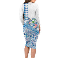 Hawaiian Abstract Sea Turtle Long Sleeve Bodycon Dress Polynesian Tapa Art and Kakau Tattoo White WaterColor - Polynesian Pride