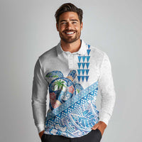 Hawaiian Abstract Sea Turtle Long Sleeve Polo Shirt Polynesian Tapa Art and Kakau Tattoo White WaterColor - Polynesian Pride