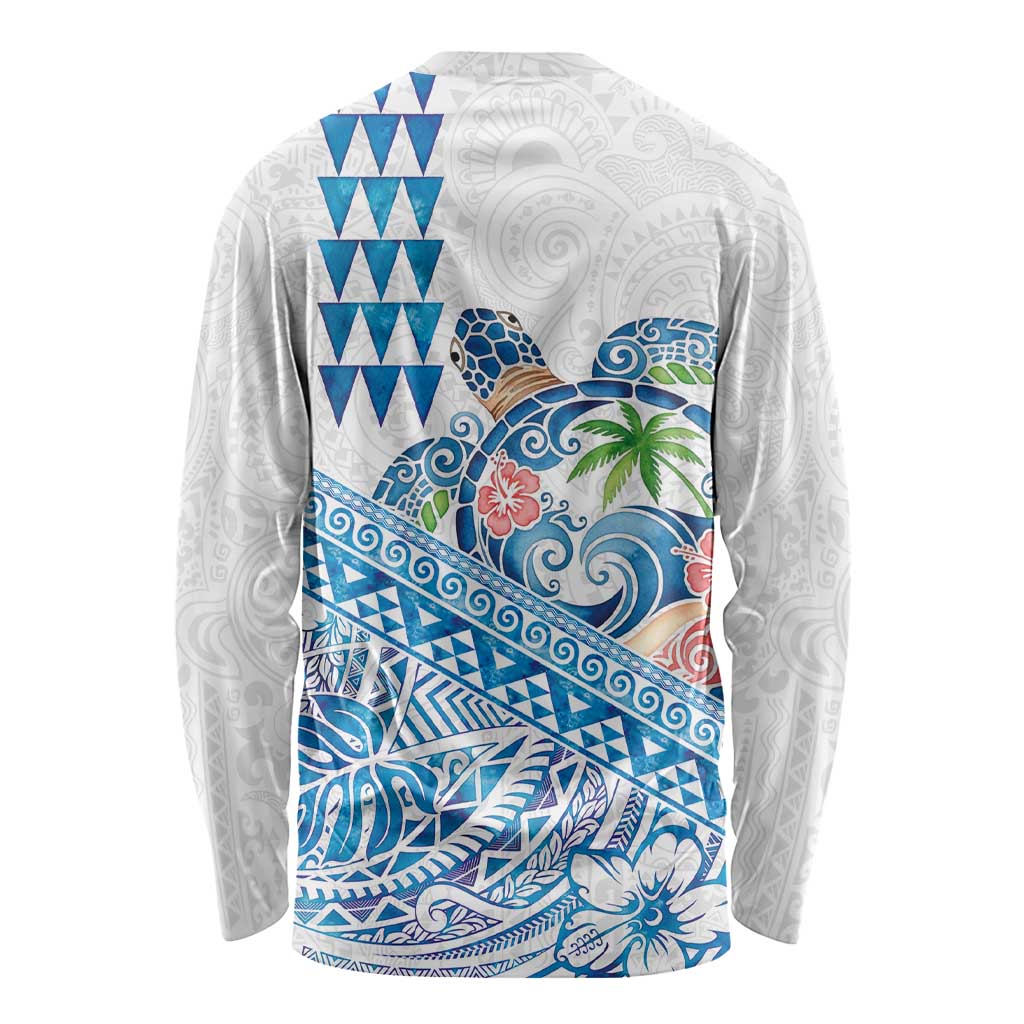 Hawaiian Abstract Sea Turtle Long Sleeve Shirt Polynesian Tapa Art and Kakau Tattoo White WaterColor - Polynesian Pride