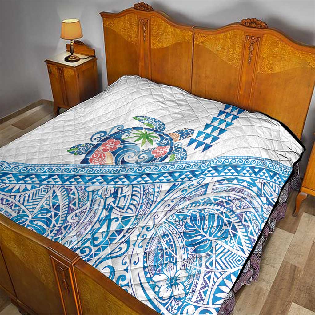 Hawaiian Abstract Sea Turtle Quilt Polynesian Tapa Art and Kakau Tattoo White WaterColor - Polynesian Pride