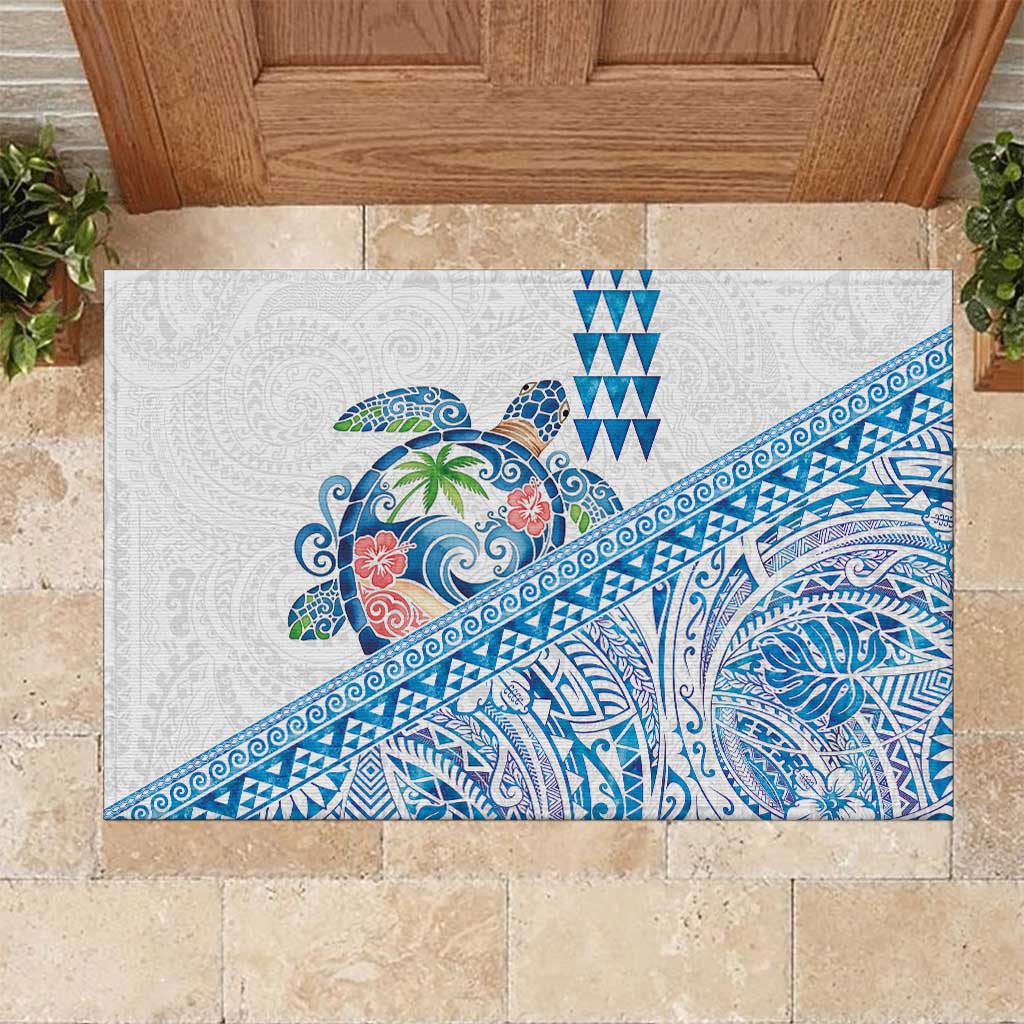 Hawaiian Abstract Sea Turtle Rubber Doormat Polynesian Tapa Art and Kakau Tattoo White WaterColor - Polynesian Pride