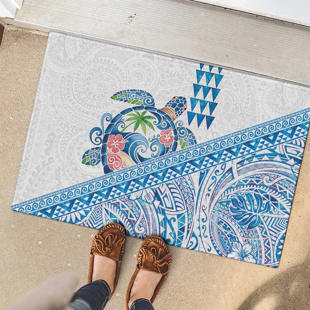 Hawaiian Abstract Sea Turtle Rubber Doormat Polynesian Tapa Art and Kakau Tattoo White WaterColor - Polynesian Pride