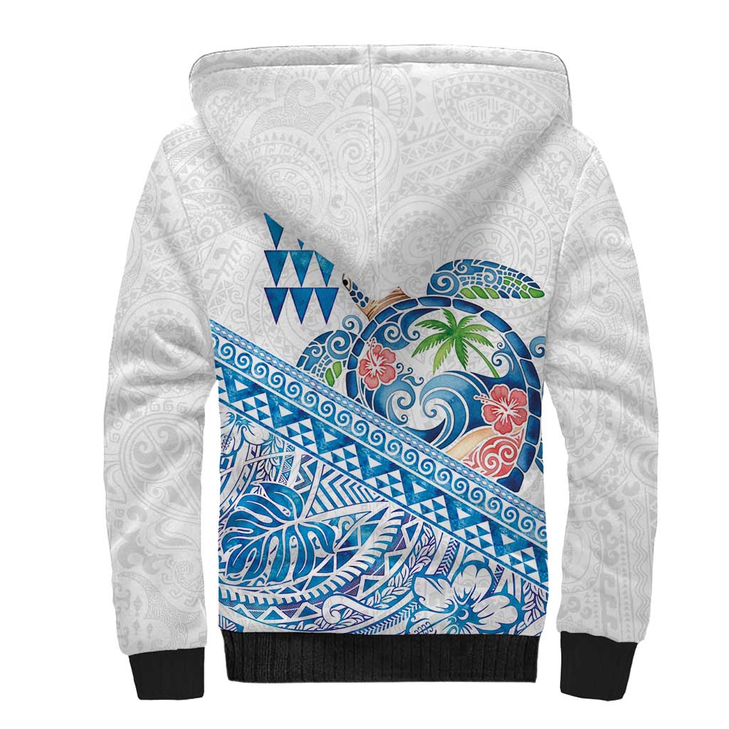 Hawaiian Abstract Sea Turtle Sherpa Hoodie Polynesian Tapa Art and Kakau Tattoo White WaterColor - Polynesian Pride