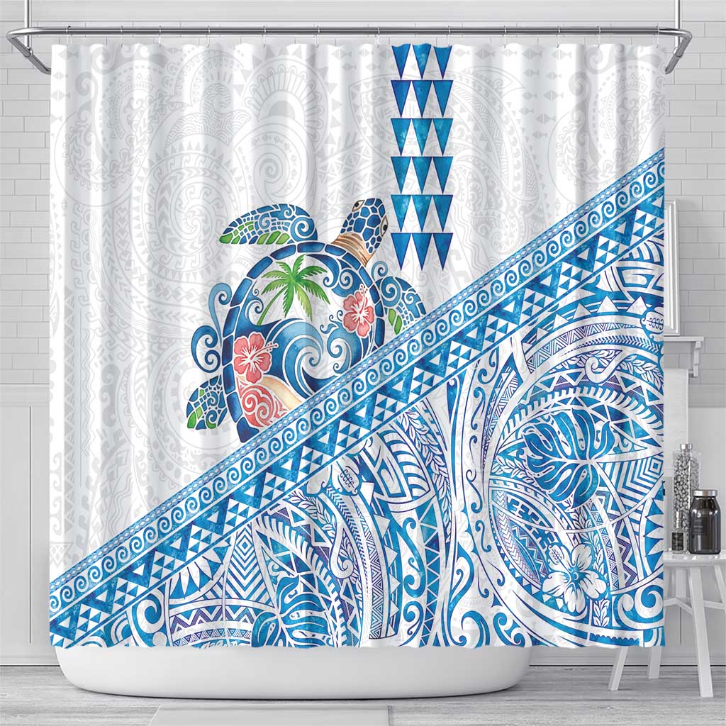 Hawaiian Abstract Sea Turtle Shower Curtain Polynesian Tapa Art and Kakau Tattoo White WaterColor - Polynesian Pride