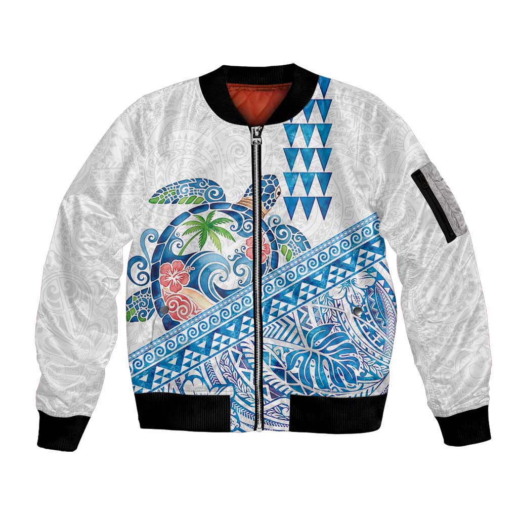 Hawaiian Abstract Sea Turtle Sleeve Zip Bomber Jacket Polynesian Tapa Art and Kakau Tattoo White WaterColor - Polynesian Pride