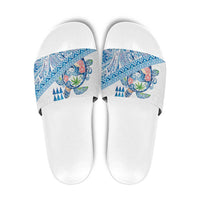 Hawaiian Abstract Sea Turtle Slide Sandals Polynesian Tapa Art and Kakau Tattoo White WaterColor - Polynesian Pride