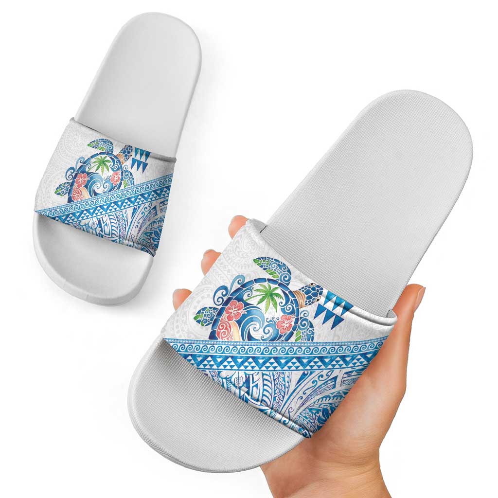 Hawaiian Abstract Sea Turtle Slide Sandals Polynesian Tapa Art and Kakau Tattoo White WaterColor - Polynesian Pride