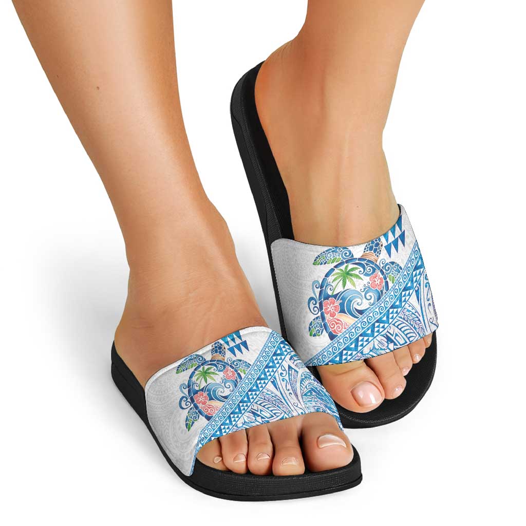 Hawaiian Abstract Sea Turtle Slide Sandals Polynesian Tapa Art and Kakau Tattoo White WaterColor - Polynesian Pride