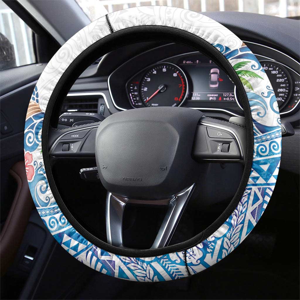 Hawaiian Abstract Sea Turtle Steering Wheel Cover Polynesian Tapa Art and Kakau Tattoo White WaterColor - Polynesian Pride