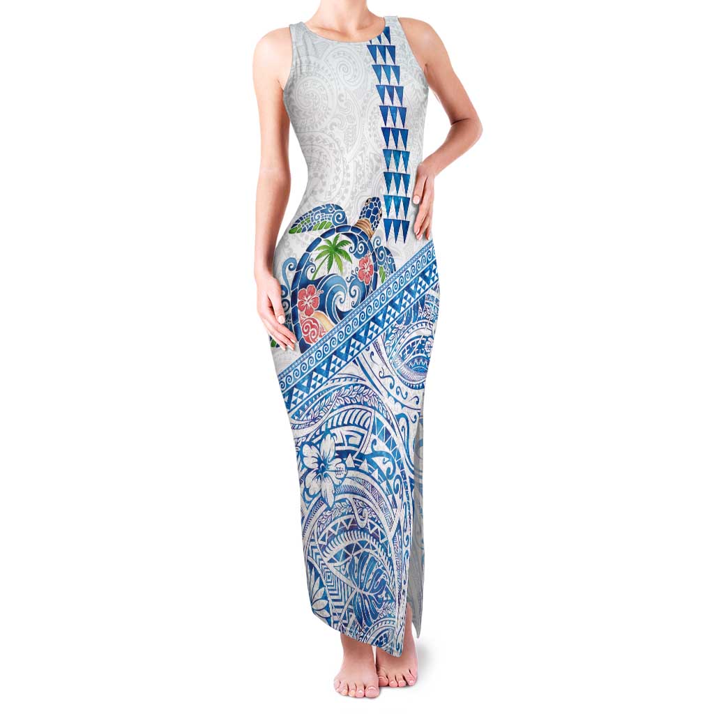 Hawaiian Abstract Sea Turtle Tank Maxi Dress Polynesian Tapa Art and Kakau Tattoo White WaterColor - Polynesian Pride
