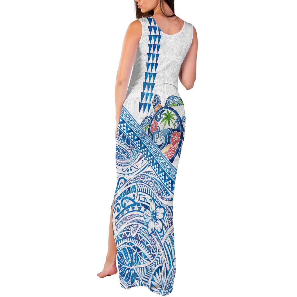 Hawaiian Abstract Sea Turtle Tank Maxi Dress Polynesian Tapa Art and Kakau Tattoo White WaterColor - Polynesian Pride
