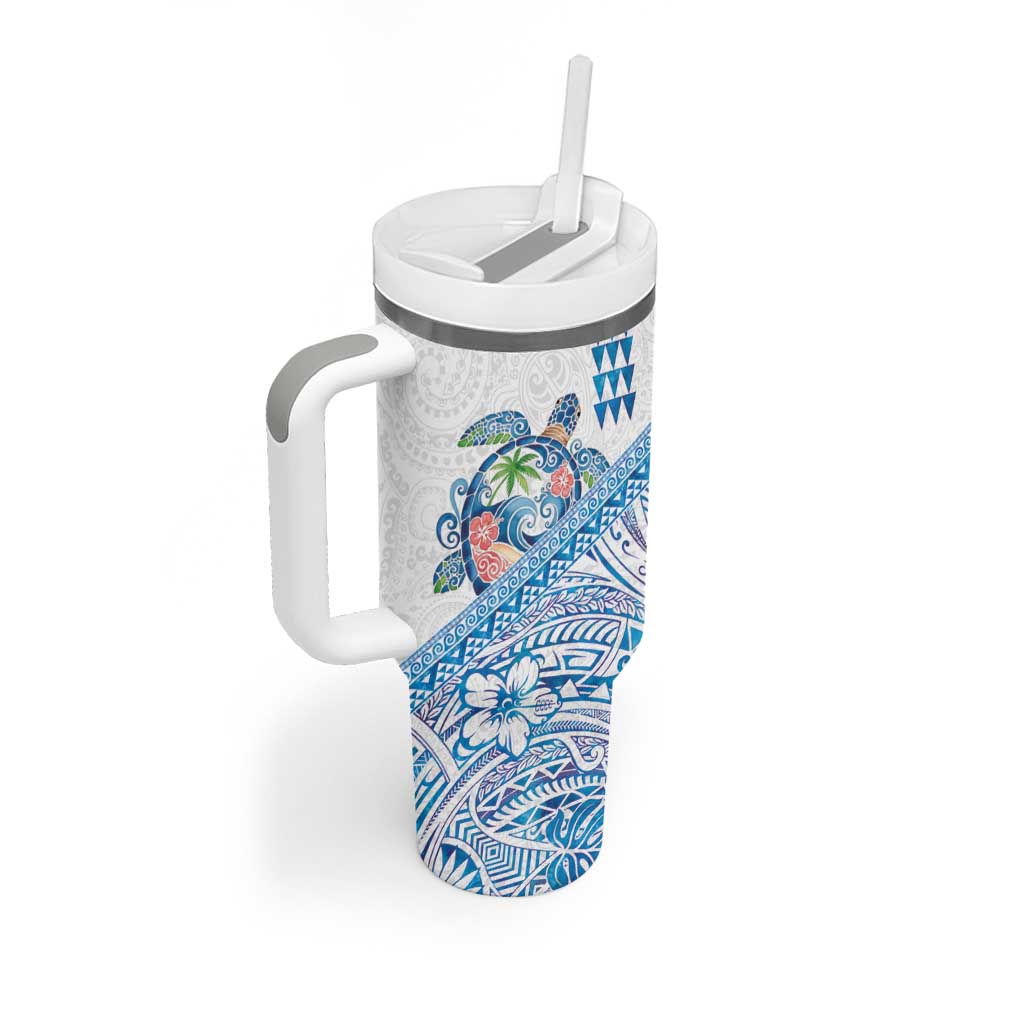 Hawaiian Abstract Sea Turtle Tumbler With Handle Polynesian Tapa Art and Kakau Tattoo White WaterColor - Polynesian Pride