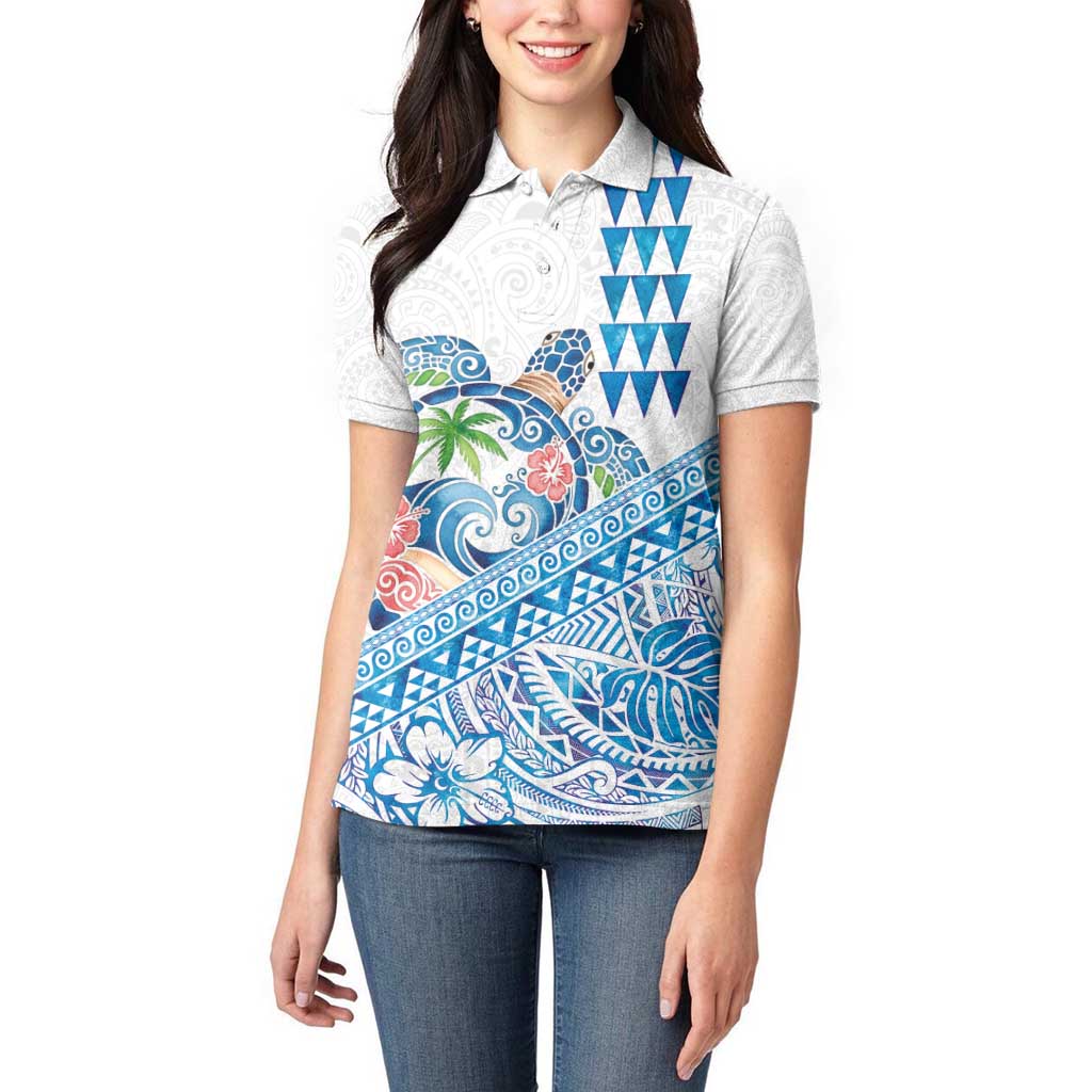 Hawaiian Abstract Sea Turtle Women Polo Shirt Polynesian Tapa Art and Kakau Tattoo White WaterColor - Polynesian Pride