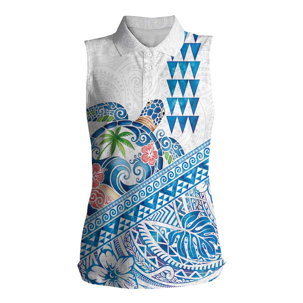 Hawaiian Abstract Sea Turtle Women Sleeveless Polo Shirt Polynesian Tapa Art and Kakau Tattoo White WaterColor - Polynesian Pride
