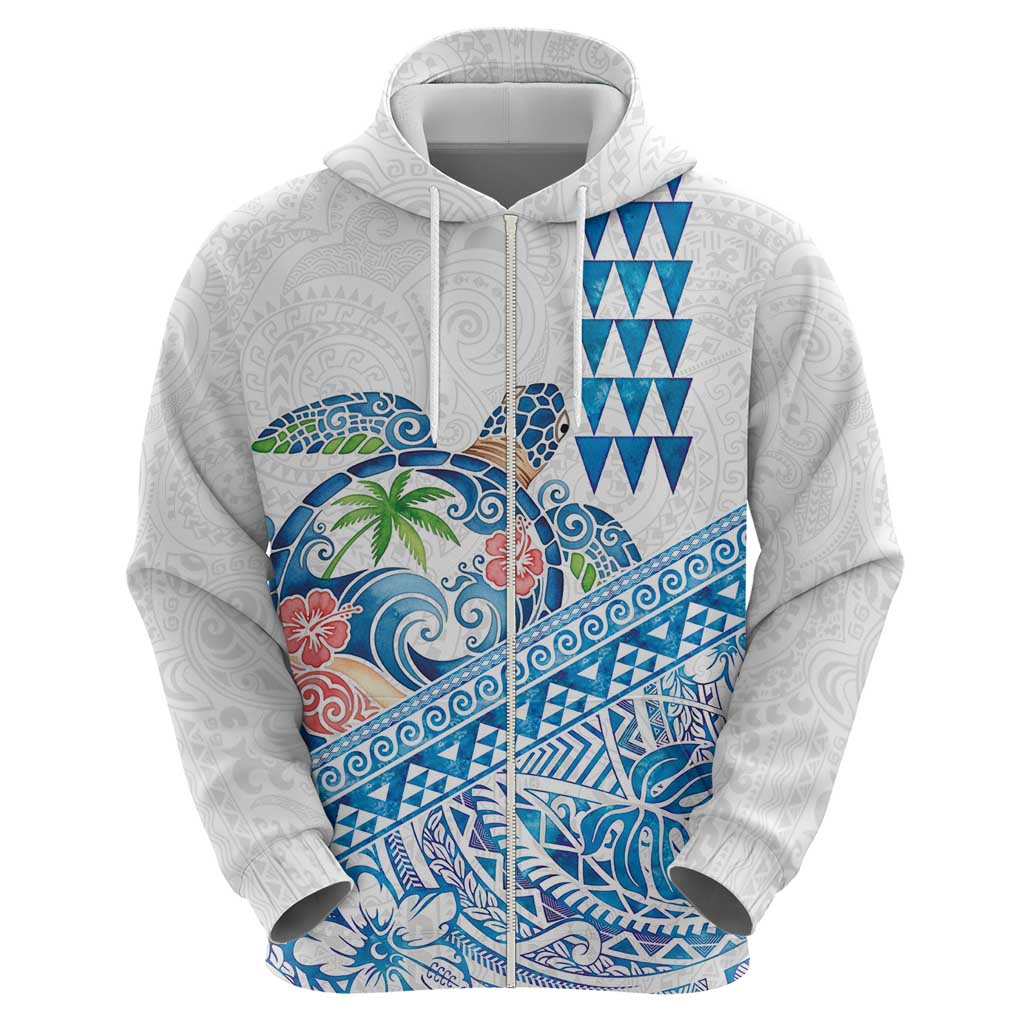 Hawaiian Abstract Sea Turtle Zip Hoodie Polynesian Tapa Art and Kakau Tattoo White WaterColor - Polynesian Pride