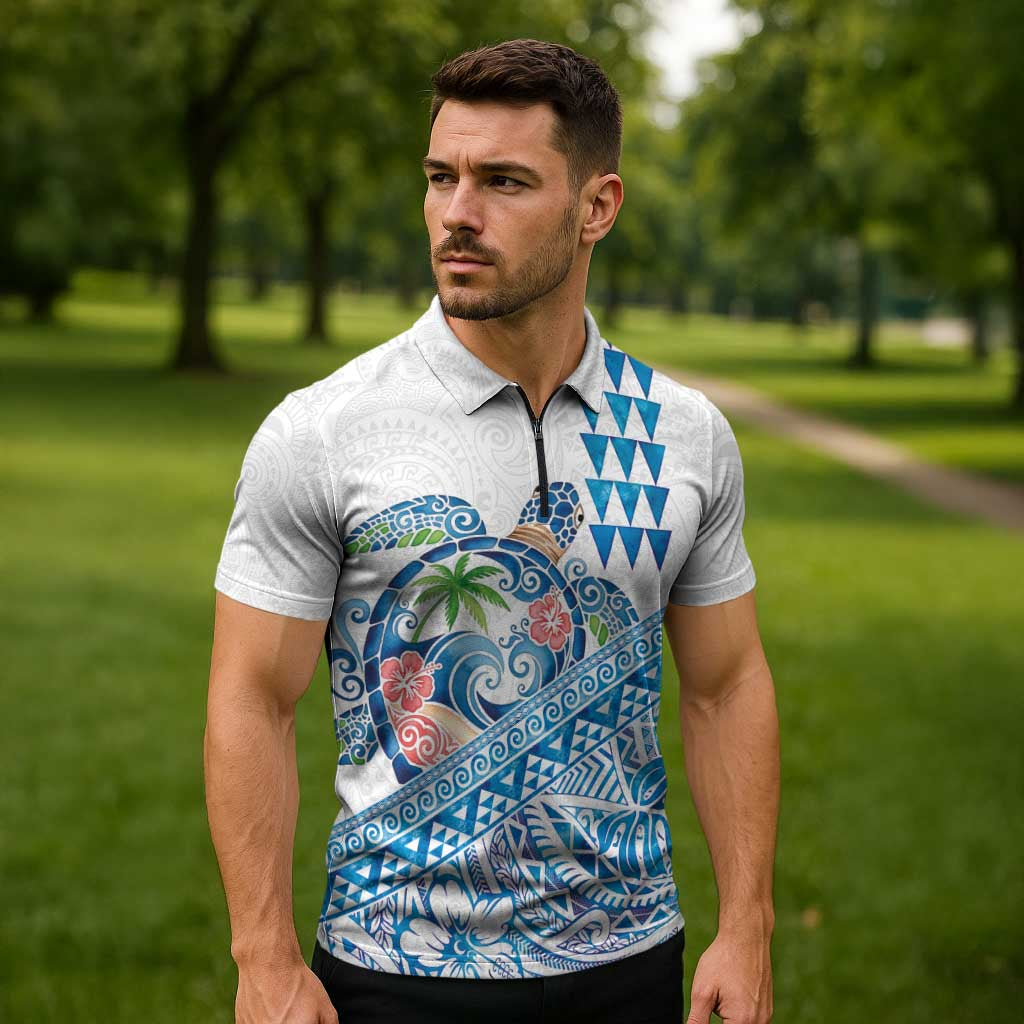 Hawaiian Abstract Sea Turtle Zipper Polo Shirt Polynesian Tapa Art and Kakau Tattoo White WaterColor - Polynesian Pride