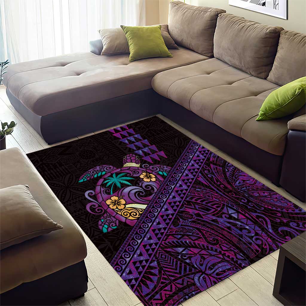 Hawaiian Abstract Sea Turtle Area Rug Polynesian Tapa Art and Kakau Tattoo Purple WaterColor - Polynesian Pride
