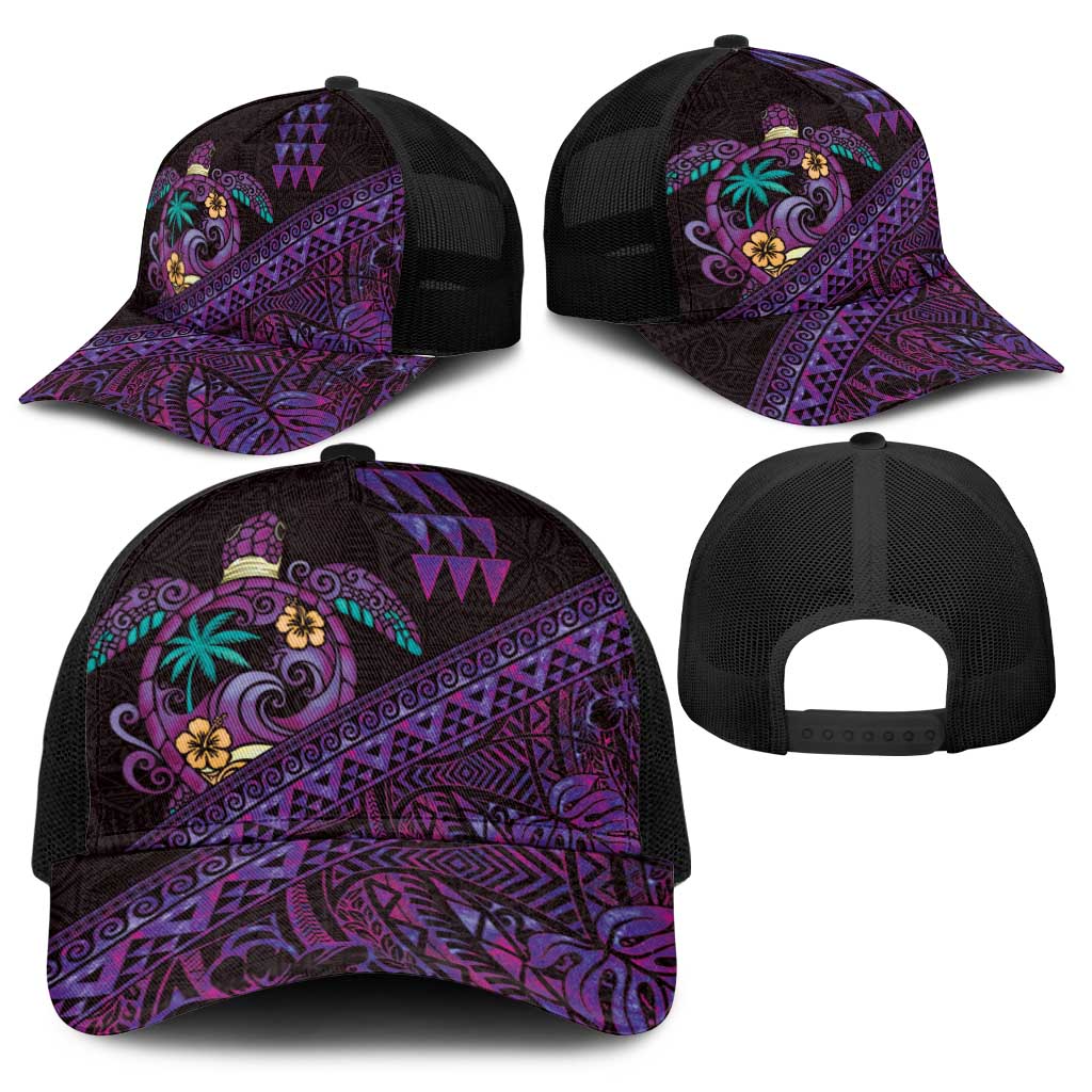 Hawaiian Abstract Sea Turtle Baseball Net Cap Polynesian Tapa Art and Kakau Tattoo Purple WaterColor - Polynesian Pride