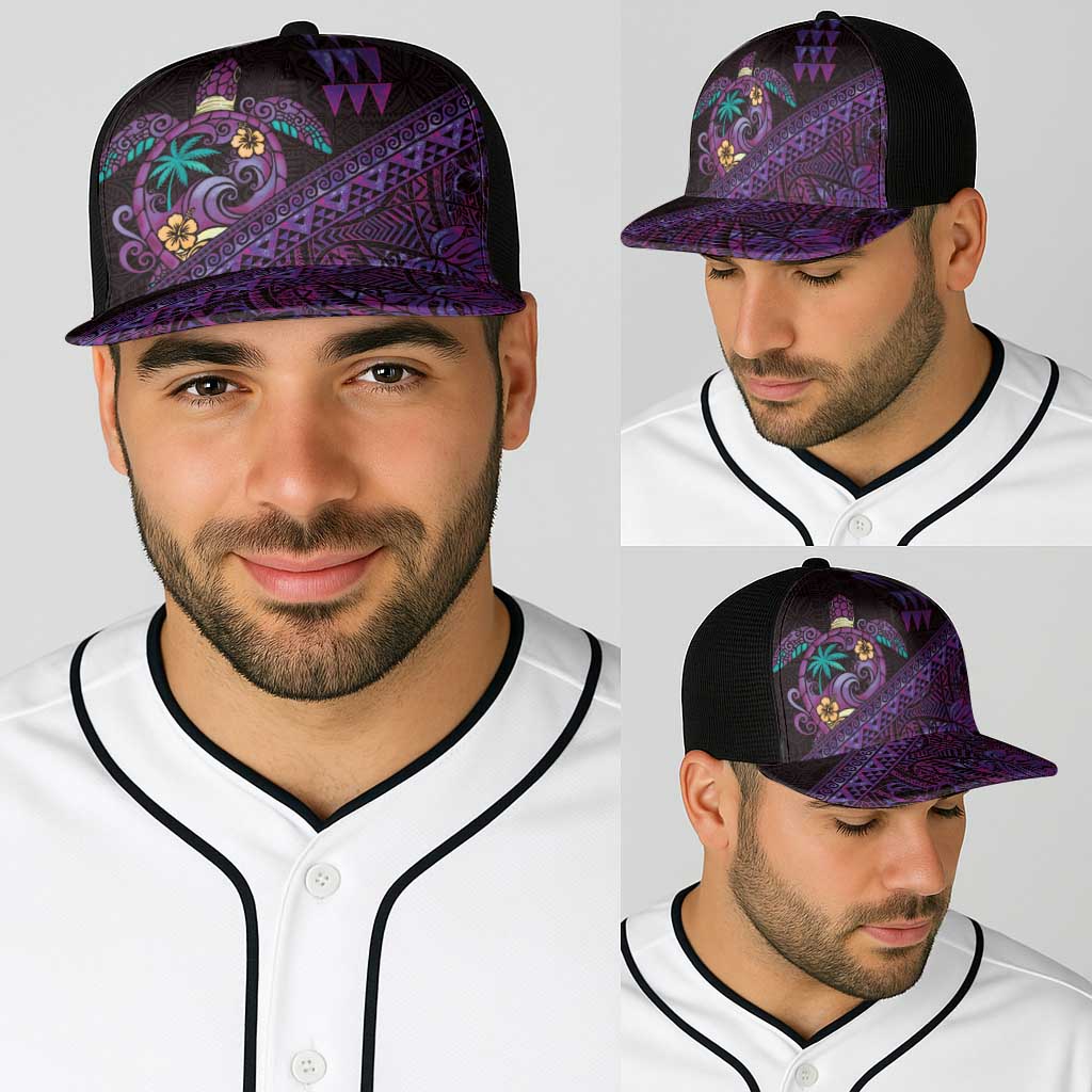 Hawaiian Abstract Sea Turtle Baseball Net Cap Polynesian Tapa Art and Kakau Tattoo Purple WaterColor - Polynesian Pride